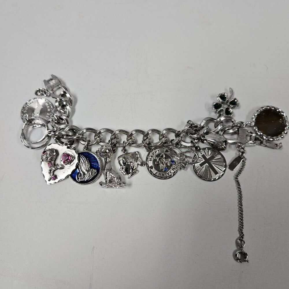 Vintage Monet Charm Bracelet Sterling Silver 12 Mixed Charms Gift for Her